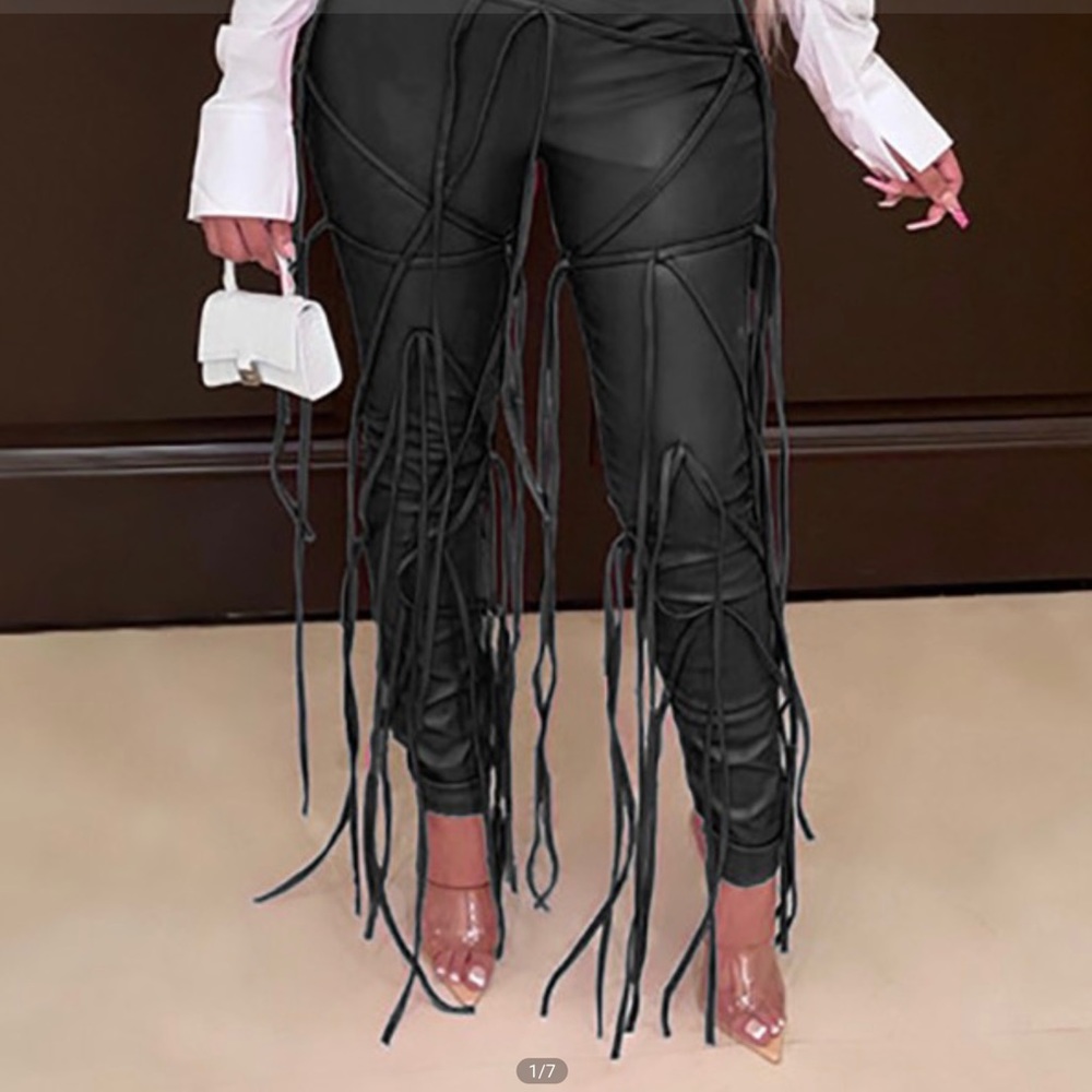 NWT PU Leather Strap Decor High Waist Skinny Pants